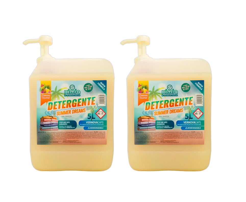 KIMIA - Detergente para Ropa Summer Dreams 5L | con Microcápsulas Perfumantes | Quitamanchas | Ropa Blanca y de Color | Fragancia Intensa | Para Todo Tipo de Tejidos | Limpieza Profunda | 2 unidades