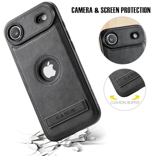Image of Casus Designed for iPhone Air Case Compatible with MagSafe Kickstand Vegan Leather Classic Luxury Elegant Thin Protective Cover with Tempered Glass Screen (2025) 6.5 inch - Black