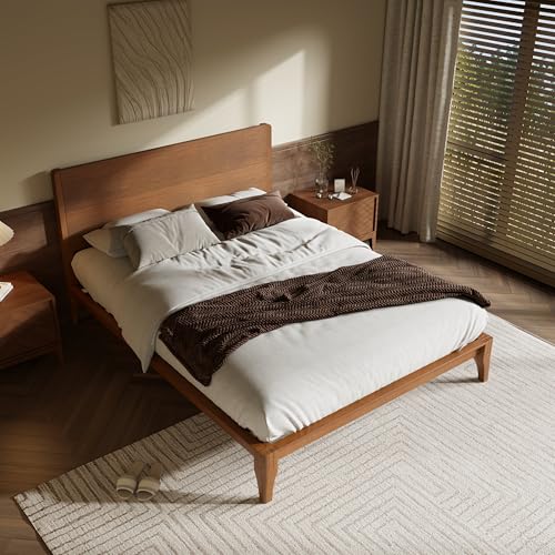 Image of Merax Full Size Bamboo Platform Bed Frame with Tall Headboard, Brown | Mid-Century Modern Solid Sustainable Bedframe Full-Size, Wood Slat Support, No Box Spring Needed, Easy Assembly, Noise Free