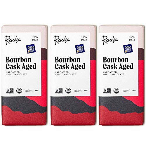 Raaka Chocolate Bourbon Cask Aged 82% Cacao Dark Chocolate | Gourmet Dark Chocolate Gift | Organic, Vegan, Fair Trade, Soy Free, Non Gmo, Gluten Free, Kosher | 1.8Oz Bars, 3-Pack #TOP7