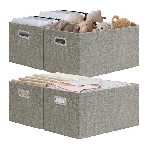 Posprica Closet Storage Bins, 4 Pack Closet Shelf Organizers, Linen Fabric Decorative Storage Baskets for Organizing, Foldable Storage Box for Clothes, 15x10.5x8.25 Inch-Coffee