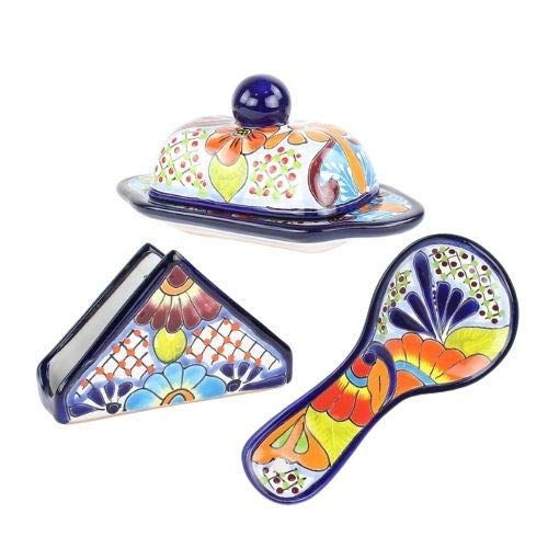 Talavera Set Talavera Butter Dish, Talavera Napkin Holder, Mexican Butter Dish