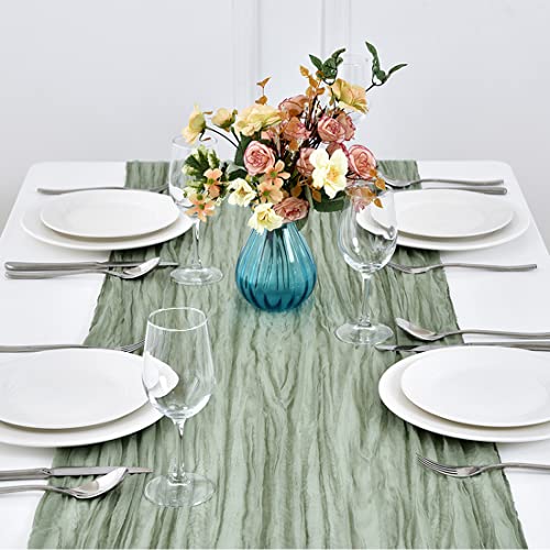 Okixuwo Sage Green Cheesecloth Table Runner 10Ft, Long Boho Sheer Wedding Table Runners 35X120 Inches, Seaside Gauze Table Linens Birthday Bridal Party Decoration #TOP4