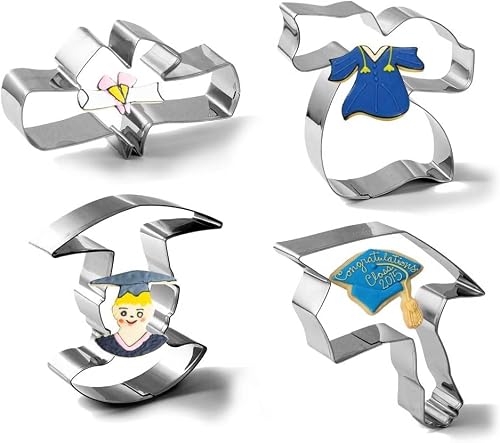 Graduation Cookie Cutter Set 4 PCS Set Graduation Cap, Diploma, Graduation Gown, Graduate Cookie Cutters molds for Biscuit, Fondant, Stainless Steel