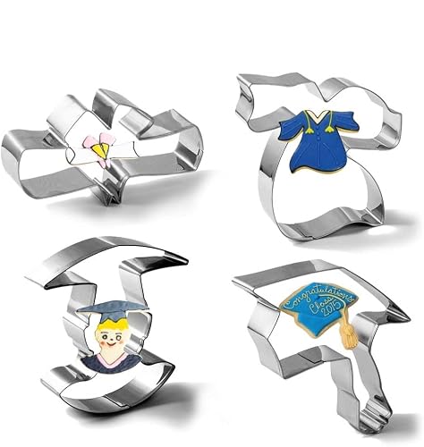 Graduation Cookie Cutter Set 4 Pcs Set Graduation Cap, Diploma, Graduation Gown, Graduate Cookie Cutters Molds For Biscuit, Fondant, Stainless Steel #TOP3