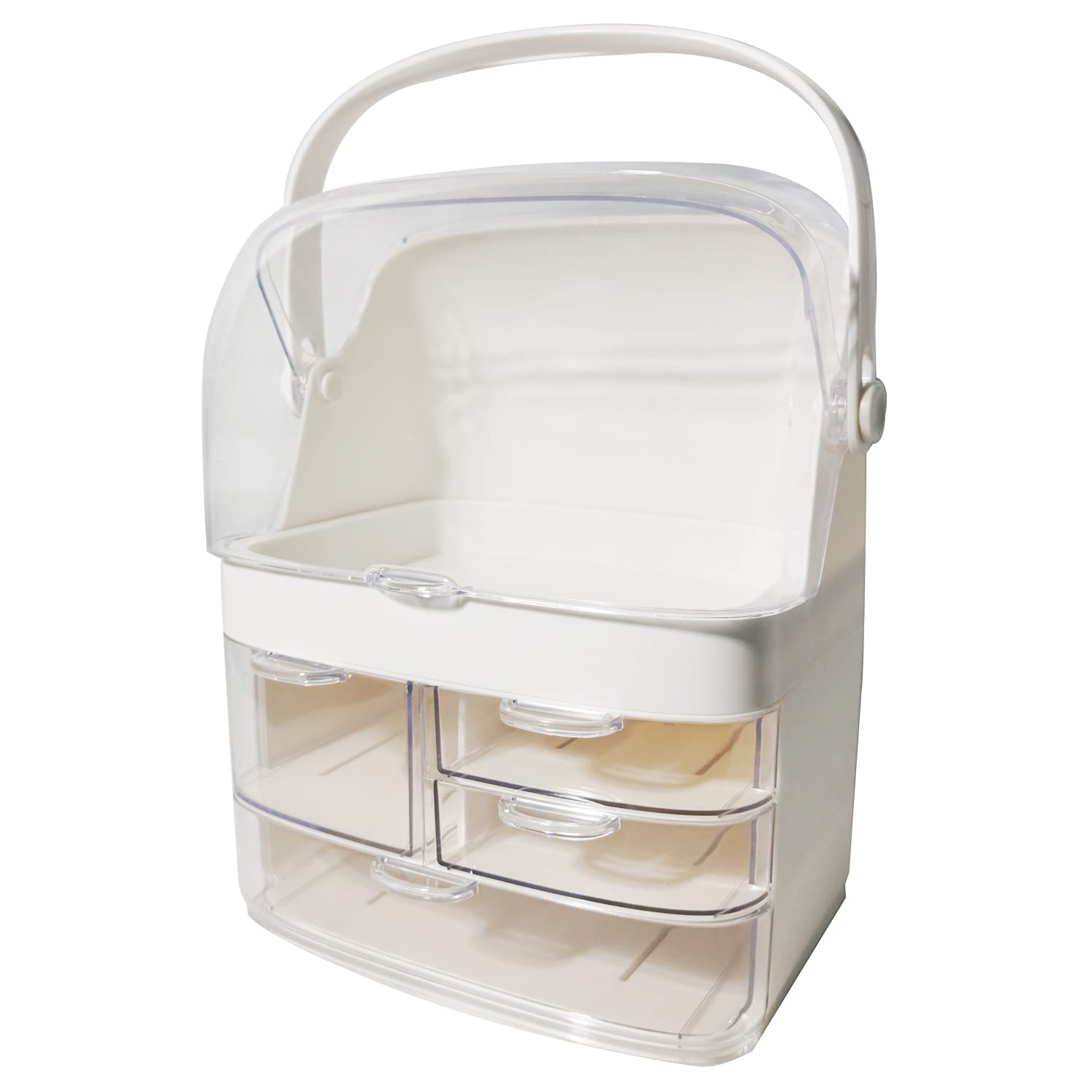 Makeup Cosmetic Organizer Large Acrylic Box Cosmetics Storage Display Holder with Transparent Drawers,Portable Handle,Fully Open Waterproof Dustproof Clear Lid,Bathroom Dresser Countertop,White