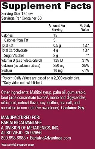 Bariatric Advantage 250 mg Calcium Citrate Chewy Bites (60 counts) -Raspberry (Sugar Free)