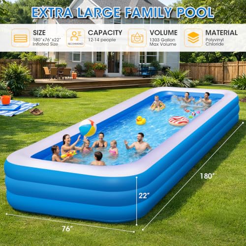 Extra Large Inflatable Pool 180" x 76" x 22" with Air Pump Included – 1303 Gallon Blow Up Pool for Adults Family, Heavy Duty Above Ground Outdoor Swimming Pool for Backyard Summer Party by HRLA - Used condition - Image 3