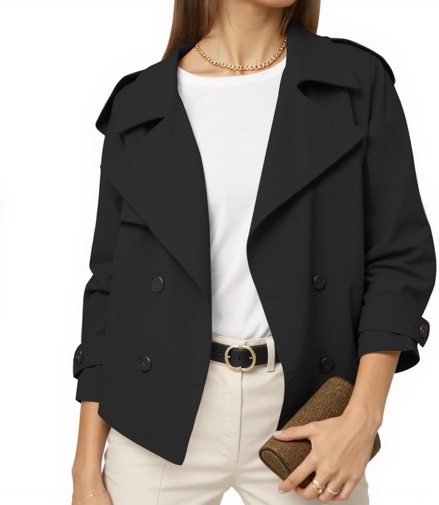 Muchpow Womens Cropped Trench Coat Casual Double Breasted Work Office Short Crop Coats Jacket with Belt