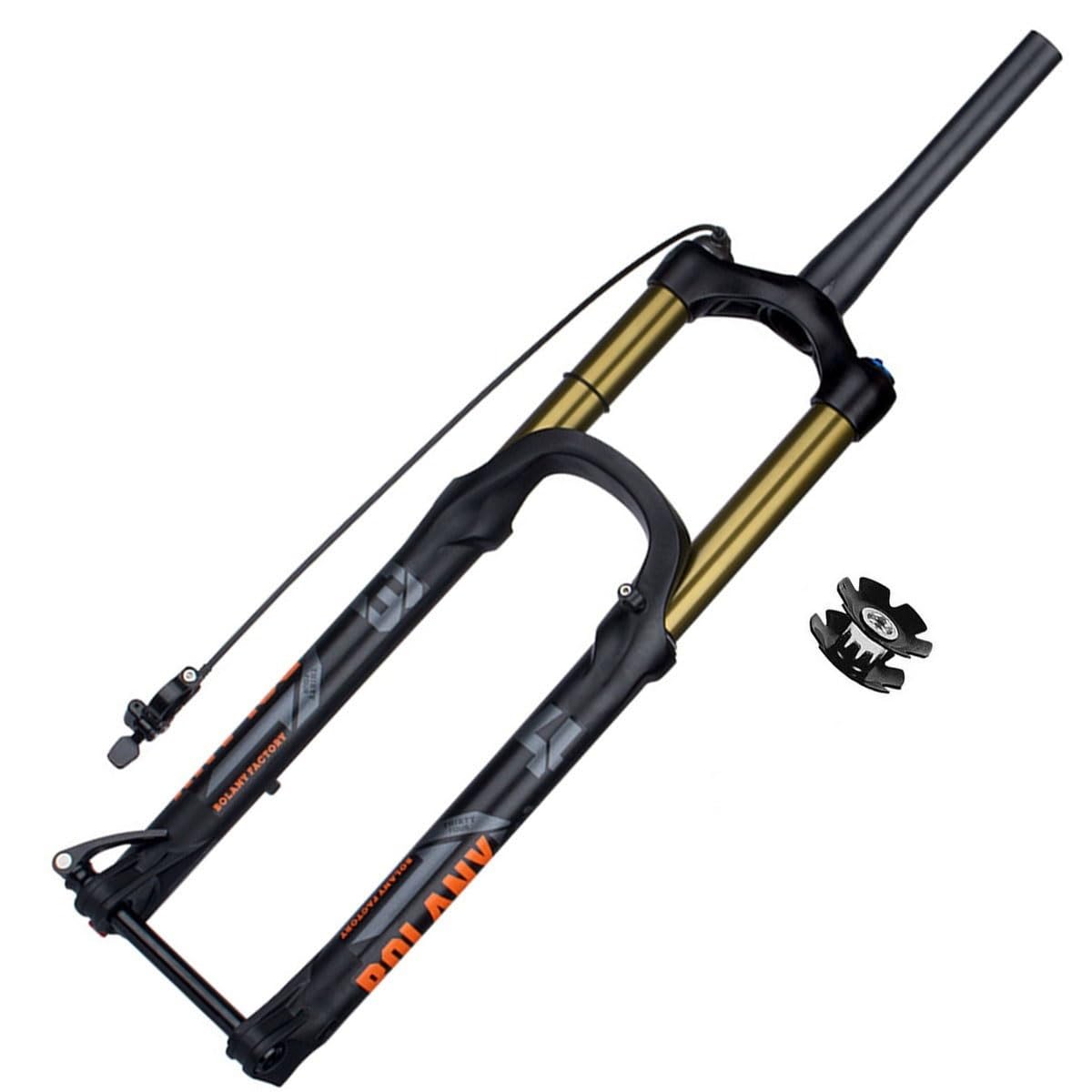 Widelec amortyzowany do rowerów górskich do 26/27,5/29 cali MTB zawieszenie pneumatyczne 100 mm skok sprężyny QR 9 x 100 mm zdalna blokada hamulec tarczowy stożkowy rura widelec rowerowy (kolor: złoty