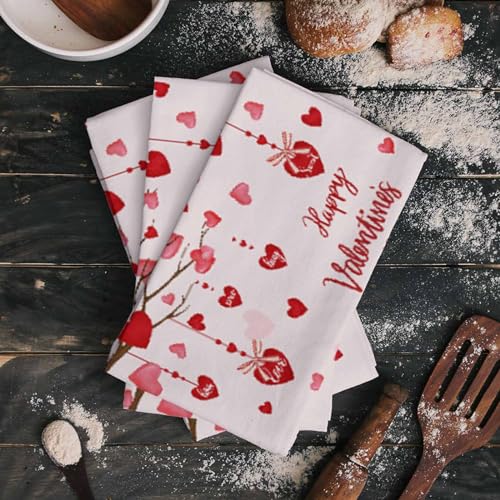 Image of Happy Valentine's Day Kitchen Towels,Gnomes Red Heart Pink 18x28 Inches Soft Kitchen Dish Cloth, Love Tree Cotton Tea Towels /Bar Towels /Hand Towels,(3 Pack)