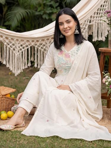 Image of INDO ERA Women's Pure Cotton Embroidered A-Line Kurta & Pant with Dupatta Set | Cotton kurta sets for women