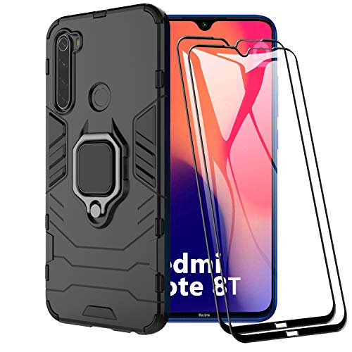 XIFAN Funda para Xiaomi Redmi Note 8T, [Robusto] Anillo Metálico Soporte [Funciona con El Montaje De Coche Magnético] Case Carcasa, Negro + 2 Piezas Protector de Pantalla