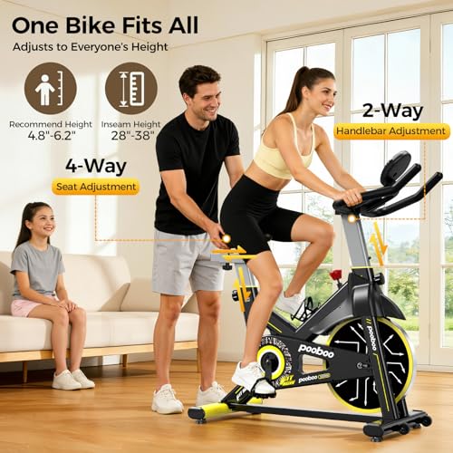 POOBOO Magnetic Exercise Bike, Quiet Stationary Bike with App and 350lbs Weight Capacity, Indoor Cycling Bike with LCD Monitor and Tablet Holder, Heavy Duty Workout Bike for Home Gym Weight Loss Fitness Bike, Adjustable Magnetic Resistance Silent Belt Driver,