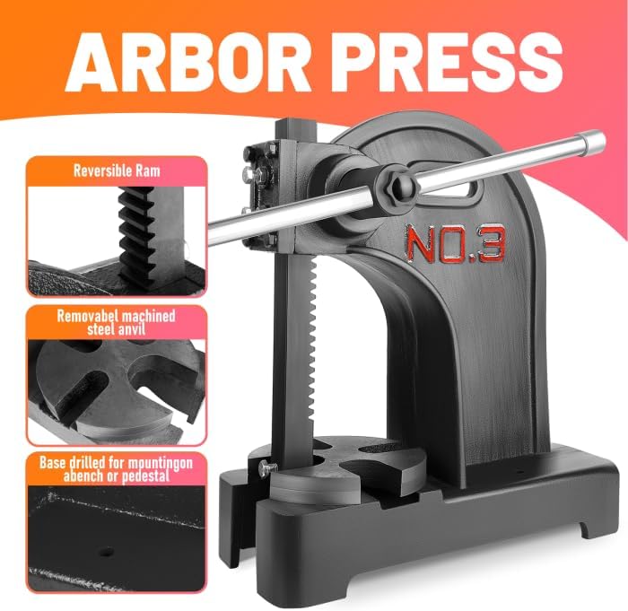 3 Ton Arbor Press, Manual Hand Tool with 12 inch Maximum Working Height, Cast Iron Heavy-Duty Benchtop Press with Reversible Ram, Precision Press Machine for Stamping, Bending and Forming