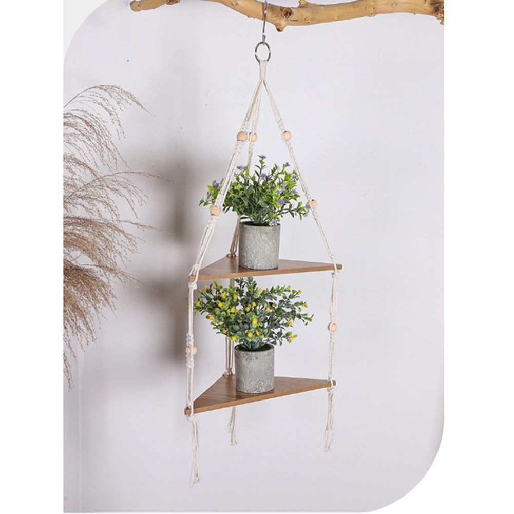 Garvee Eckregal hängend Holz, 2 Etagen Schweberegal mit Seil & Perlen, Boho Dekoration Wandregal für Pflanzen & Fotos, Eck-Hängeregal für Wohnzimmer Schlafzimmer Bad, Naturholz Design