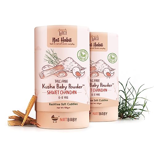 Nat Habit Shwet Chandan Kusha Baby Powder | Talc-Free, Rash-Free Dusting Powder for Newborns & Kids (0 to 5 Yrs) | Cornstarch Baby Powder for Summer, Face & Body | Ayurvedic Baby Puff Powder, Pack of 2 x 150g Nat Habit Shwet Chandan Kusha Baby Powder | Talc-Free, Rash-Free Dusting Powder for Newborns & Kids (0 to 5 Yrs) | Cornstarch Baby Powder for Summer, Face & Body | Ayurvedic Baby Puff Powder, Pack of 2 x 150g