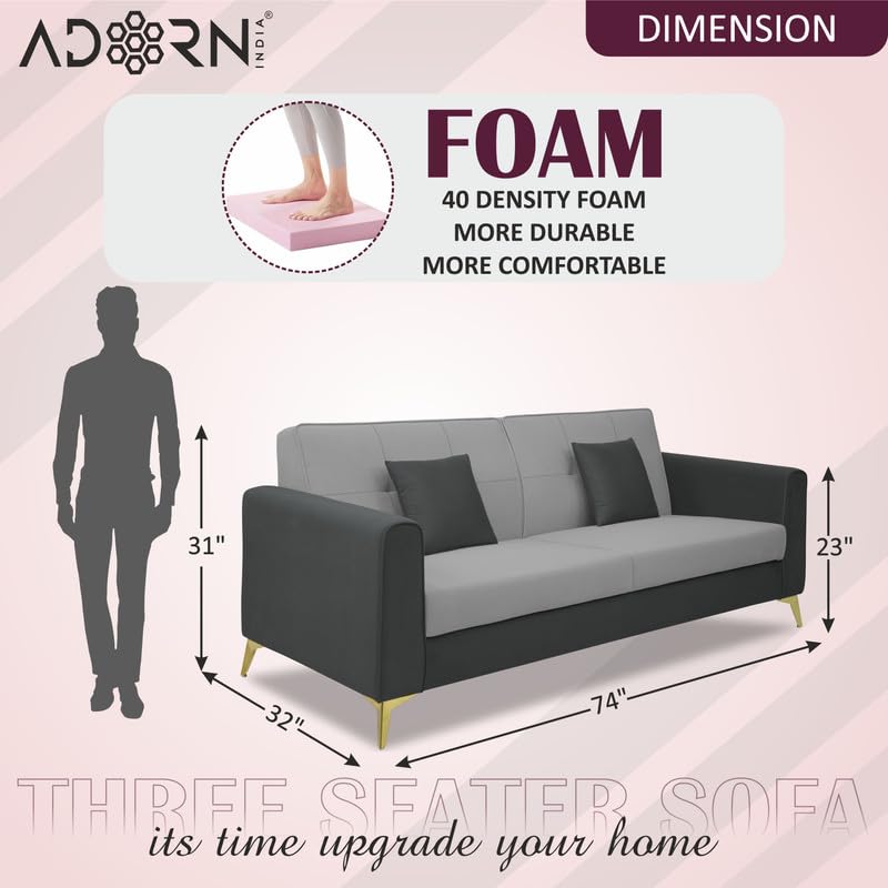 Image of Adorn India Premium Harlem 3 Seater Sofa | Velvet Suede Upholstery | 3-Year Warranty | Dark Grey & Grey with Gold Legs & Cushion