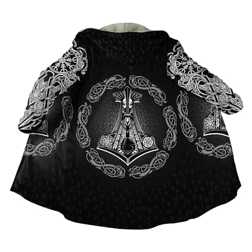 Bata de invierno cálida para hombre, con impresión completa en 3D, tatuaje de mitología vikinga, abrigo con capucha de cachemira, bata de baño con hebilla de cuerno, 3XL, martillo de Thor