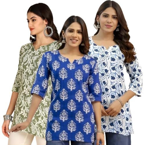Image of Women's Printed Short Kurti Tops Rayon Cotton Blend Tunic Combo