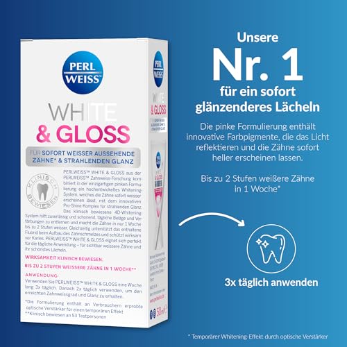 PERLWEISS White & Gloss Whitening Zahncreme - für sofort sichtbare weißere Zähne & bis zu 2 Stufen heller in 1 Woche - mit Pro-Shine-Komplex & Zahnschmelzschutz zur Zahnaufhellung, 50 ml