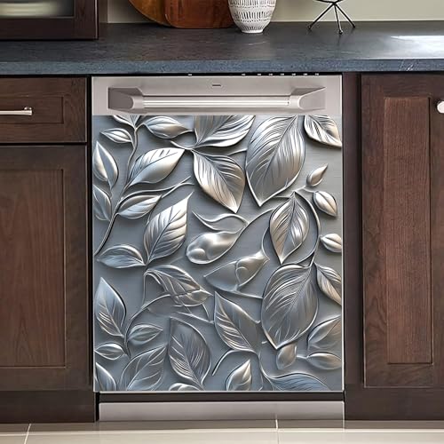 Image of BVBOX Dishwasher Magnet Cover 23 inchx26 inch, Reusable Magnetic Refrigerator Covers, Dishwasher Magnets Decorative Cover Fridge Door Skin Panel Stickers for Home Kitchen Appliance,Metal Embossed Leaves