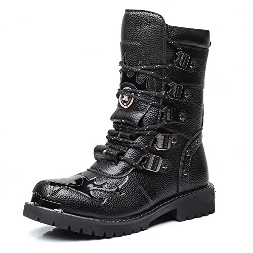 Mens Motorcycle Backpacking Military Boots Gothic Mid-Calf Retro Leather Punk Rock Tactical Steel Metal Round Toe Waterproof Riding Hunting Walking Footwear Outdoor Hiking Camping Climbing Trekking3