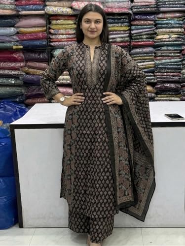 Image of GoSriKi Kurta Sets for Women Viscose Blend Printed | Kurti Set for Woman | Kurta Palazzo Dupatta Set | A Line Kurti | Mandarin Collar 3 /4 Sleeve Suit Set for Women Stylish Ethnic Outfit