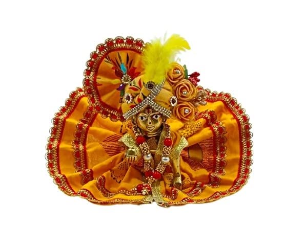 MURLIWALE Kanha Ji/Thakur Ji Dress/Poshak/Pagdi, Made of Cotton Cloth, Combo of a Total 4 Items 1 Poshak, 1 Mukut, 1 Mala, 1 Bansuri of Gopal ji Idol, Dress Size: Diameter: 12 Inch, Idol Size-6.