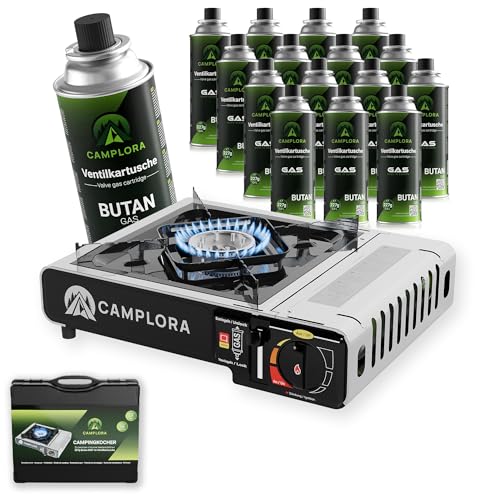 CAMPLORA Gaskocher + 16 Gaskartuschen + Tragekoffer mit Piezozündung -...