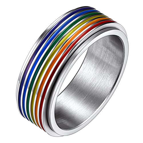 FaithHeart LGBT Pride Rainbow Fidget Rings, Stainless Steel/18K Gold Plated Love is Love Jewelry for Men Women Personalized Customize 01. Rainbow-Silver 9
