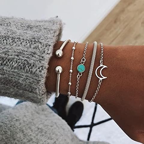 Bufenia Simple Turquoise Bracelet Silver Layered Stackable Glossy Bangle Bracelet Moon Beads 5 Sets Hand Accessories Jewelry Adjustable for Women and Girls Cover