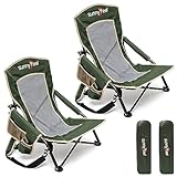 SUNNYFEEL Folding Low Camping Beach Chair 2 Pack, Lightweight Portable Lawn Chair with Mesh Back, Cup Holder for Outdoor/Travel/Picnic/Concert, Foldable Camp Backpack Chair with Carry Bag