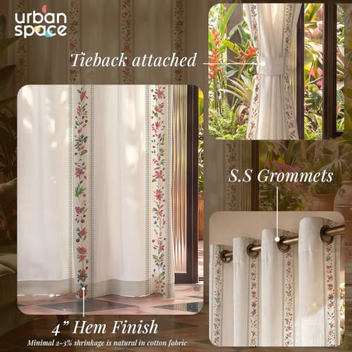 Image of Urban Space 100% Cotton Floral Curtains 8 Feet Long Set of 2, 60-65% Room Darkening, Decorative Curtains with Eyelets /Rings for Hanging, Tieback Included (Bela, Long Door - 8 Feet)