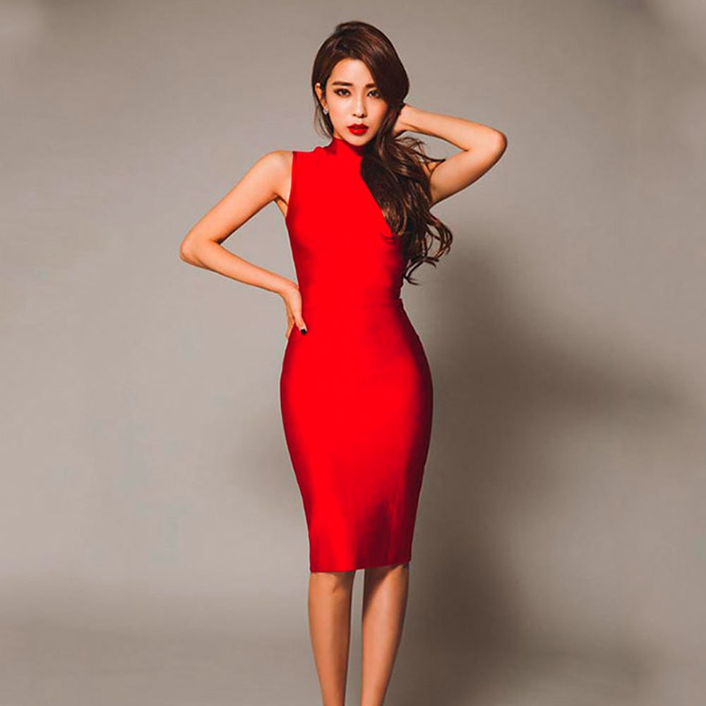 Sukienka bez rękawów z wysokim dekoltem Bodycon Rayon Bandaż, Czerwony, XS