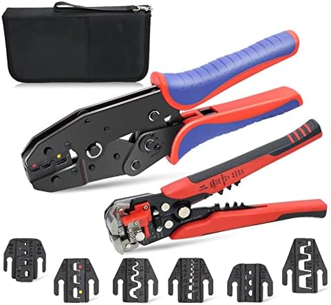 HKS Ratcheting Crimping Tool Set 9 PCS with Automatic Wire Stripper and Quick Exchange Jaw for Heat Shrink Terminals, Open Barrel, Solar Connector, Insulated and Non-Insulated Ferrules AWG 20-2