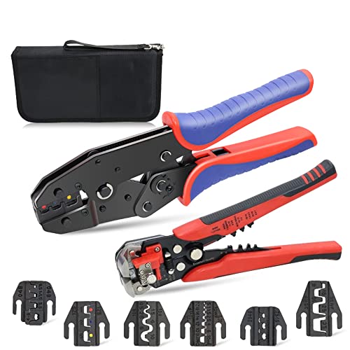 HKS Ratcheting Crimping Tool Set 9 PCS with Automatic Wire Stripper and Quick Exchange Jaw for Heat Shrink Terminals, Open Barrel, Solar Connector, Insulated and Non-Insulated Ferrules AWG 20-2