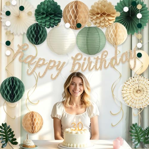 Image of Sage Green Happy Birthday Decorations for Women, Pre-Strung, 24pcs | Happy Birthday Banner, Honeycomb Balls, Paper Flowers, Lanterns, Fans, Streamers, Dots Garland for Birthday Party Decorations