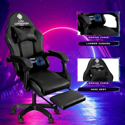 Image of Casa Copenhagen Designed in Denmark,High-Back Italian Leather Gaming Ergonomic Chair with Advanced Mechanism & Electric Back Massager, Memory Foam Seating & Multi Function Arm-Rest - Black & Black