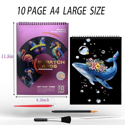 Animal Scratch Art Book for Adult | A4 Size (29.7x21.2cm) 10-Sheet Scratch and Sketch Rainbow Set Art Therapy DIY Creative Gift (Colorful Animal) - Image 3