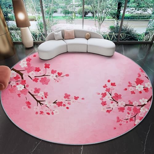 Alfombra Redonda Antideslizante 90 cm - Rosa Alfombra Redonda Estampada de Franela Oriental Floral Pintura De Cerezos En Flor, Esponjoso Suave Alfombras para Sala de Estar Entrada