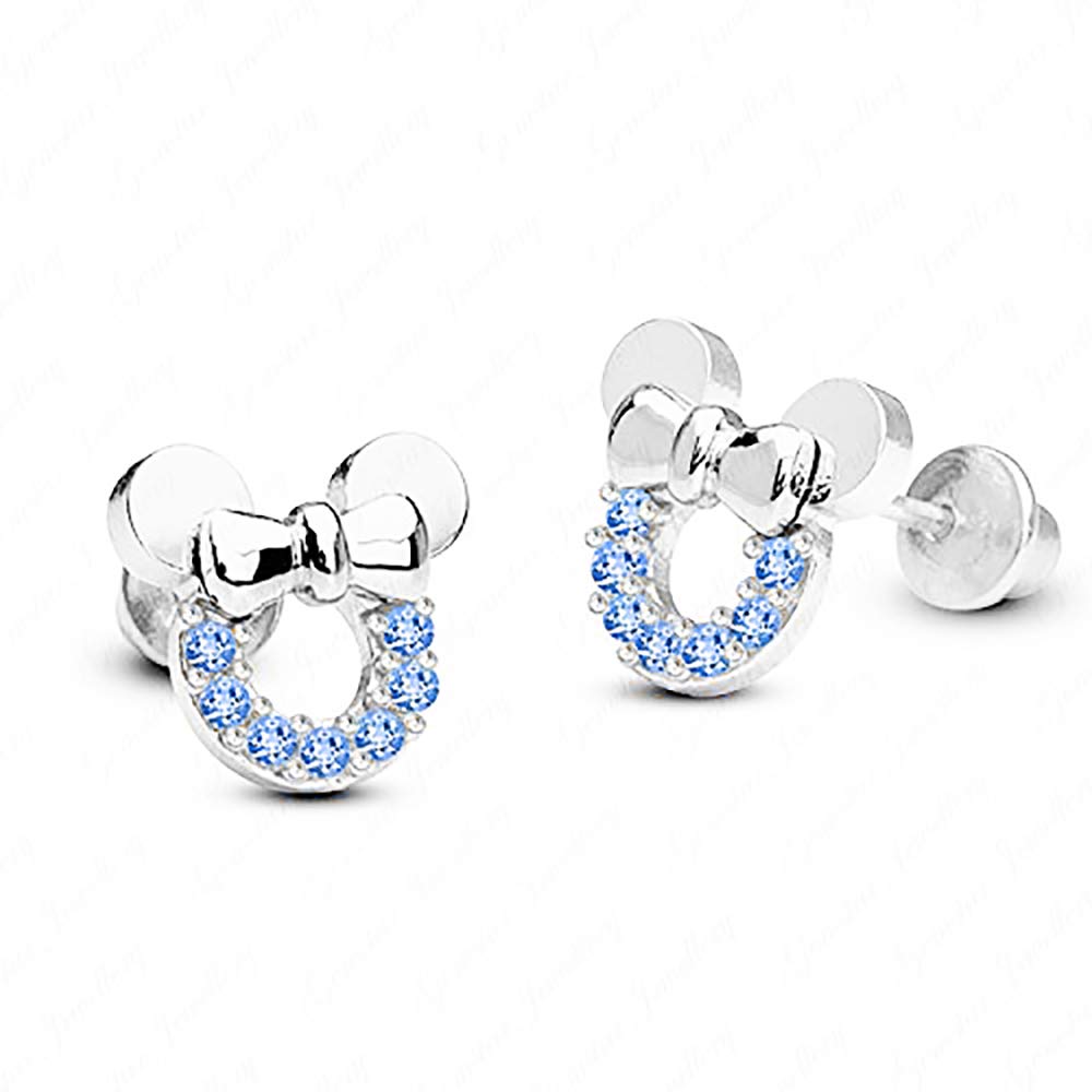 Kaguyo pendientes de mickey mouse para mujer, plata de ley 925, circonita cúbica azul, pendientes de botón de mickey mouse, joyería fina elegante para mujeres y niñas con joyero