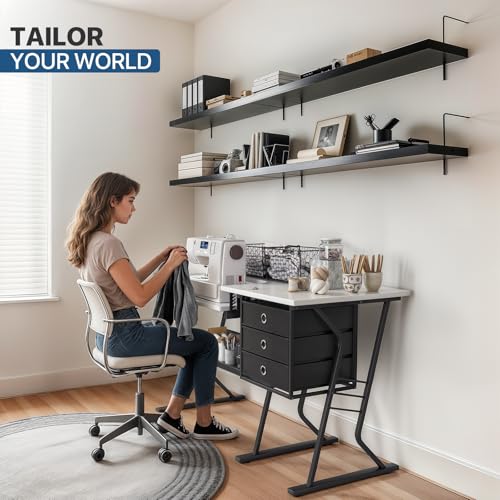 Athena Collection Sewing Table with Sotrage Shelf & Drawers, Adjustable Height Sewing Machine Tabletop with Folding Deak for Crafting, Heavy-Duty Metal Frame for Home Bedroom