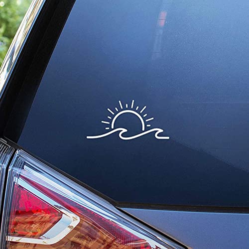 Kamidesigns Sun & Wave 7" Car Decal White- Beach Bumper Sticker For Vans|Walls| Laptop|Car|Truck|Window|Bumpers #TOP1