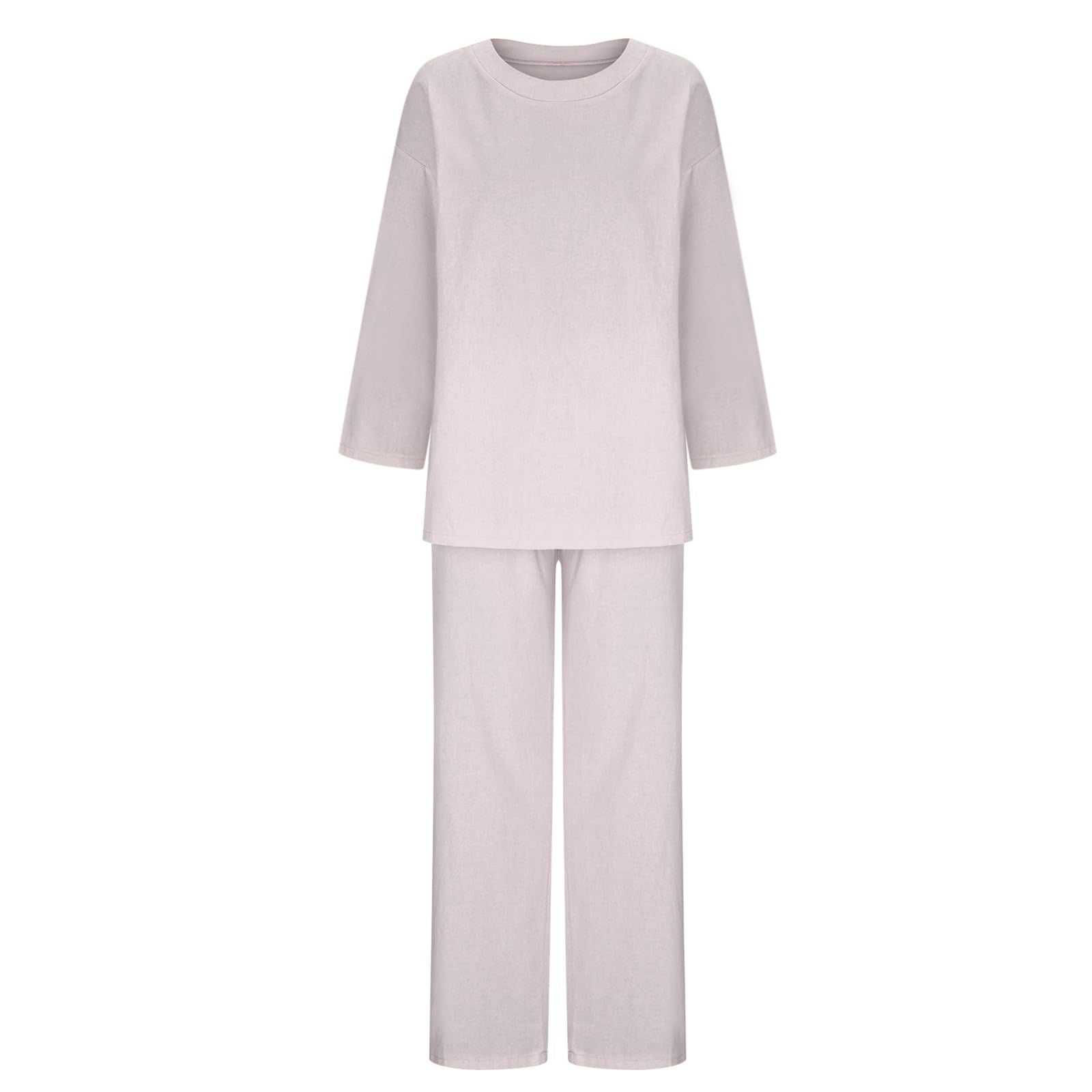 Ensemble de salon long en coton et lin pour femme - Confortable et élégant | Pantalon d'intérieur pour femme - Coupe ample - Col rond - Manches longues - Avec poches - Doux