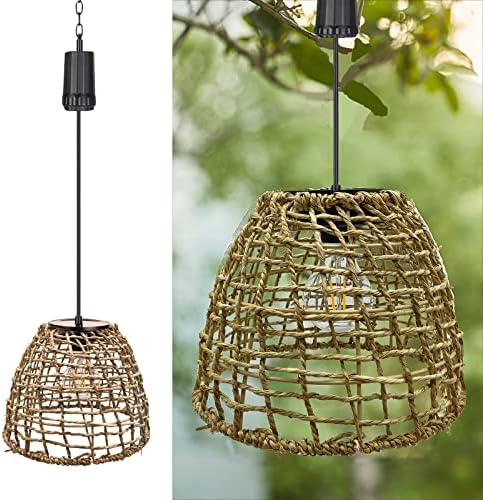 6 Hours Timer Battery Operated Outdoor Hanging Light Seagrass Woven Waterproof Porch Gazebo Patio Pendant Lantern Chandelier Lighting Decorative Hollow-Out Auto On/Off Warm White Bulb