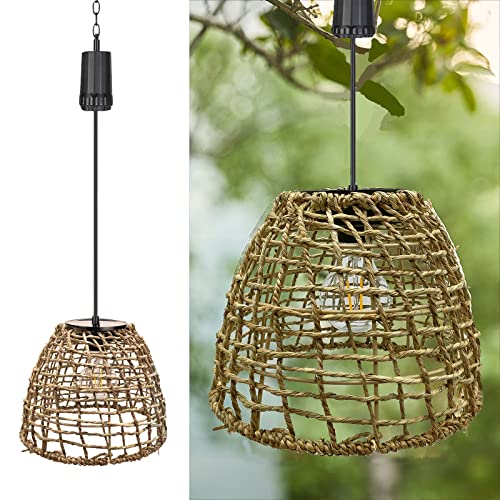 6 Hours Timer Battery Operated Outdoor Hanging Light Seagrass Woven Waterproof Porch Gazebo Patio Pendant Lantern Chandelier Lighting Decorative Hollow-Out Auto On/Off Warm White Bulb #TOP13