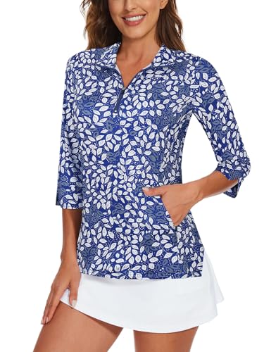 Viracy Womens Golf Tops 3/4 Sleeve Golf Shirts for Women UPF50+ Sun Protection 1/4 Zip Up with Zipper Pockets Moisture Wicking for Yoga Athletic, Blue Leaves-Large