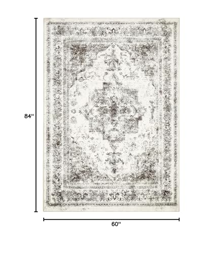 Area Rug 5x7 Washable Gray Rug Vintage Boho Medallion Large Grey Distressed Retro Carpet for Living Room Non Slip Indoor Low Pile Small Soft Bedroom Dining Room Home Office