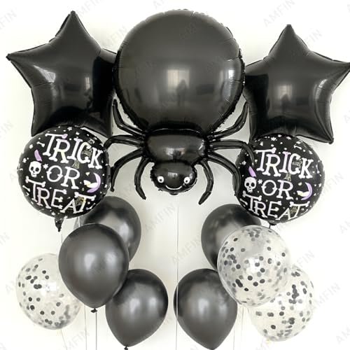 Image of AMFIN (Pack of 11) Halloween Spider Balloon Decoration Set - Black Spider Foil Balloon, inchTrick or Treat inch Round Balloons, 2 black star balloons - Spooky Halloween Party Supplies for Kids & Adults
